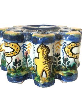 Antique Inkwell Majolica Hand Painted Eight Lobed Pottery w Brush Pen Holders